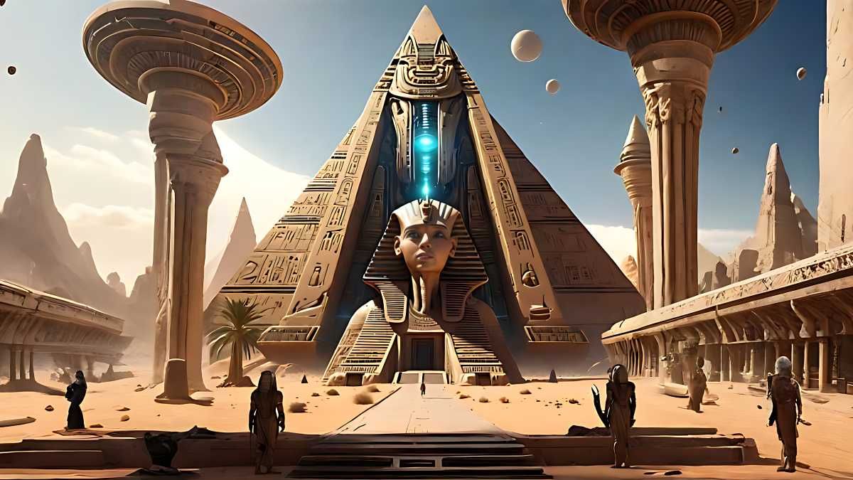 Futuristic looking Egyptian style pyramids forming a high tech city from an ariel view. The city has alien spaceships flying in the backgrou...