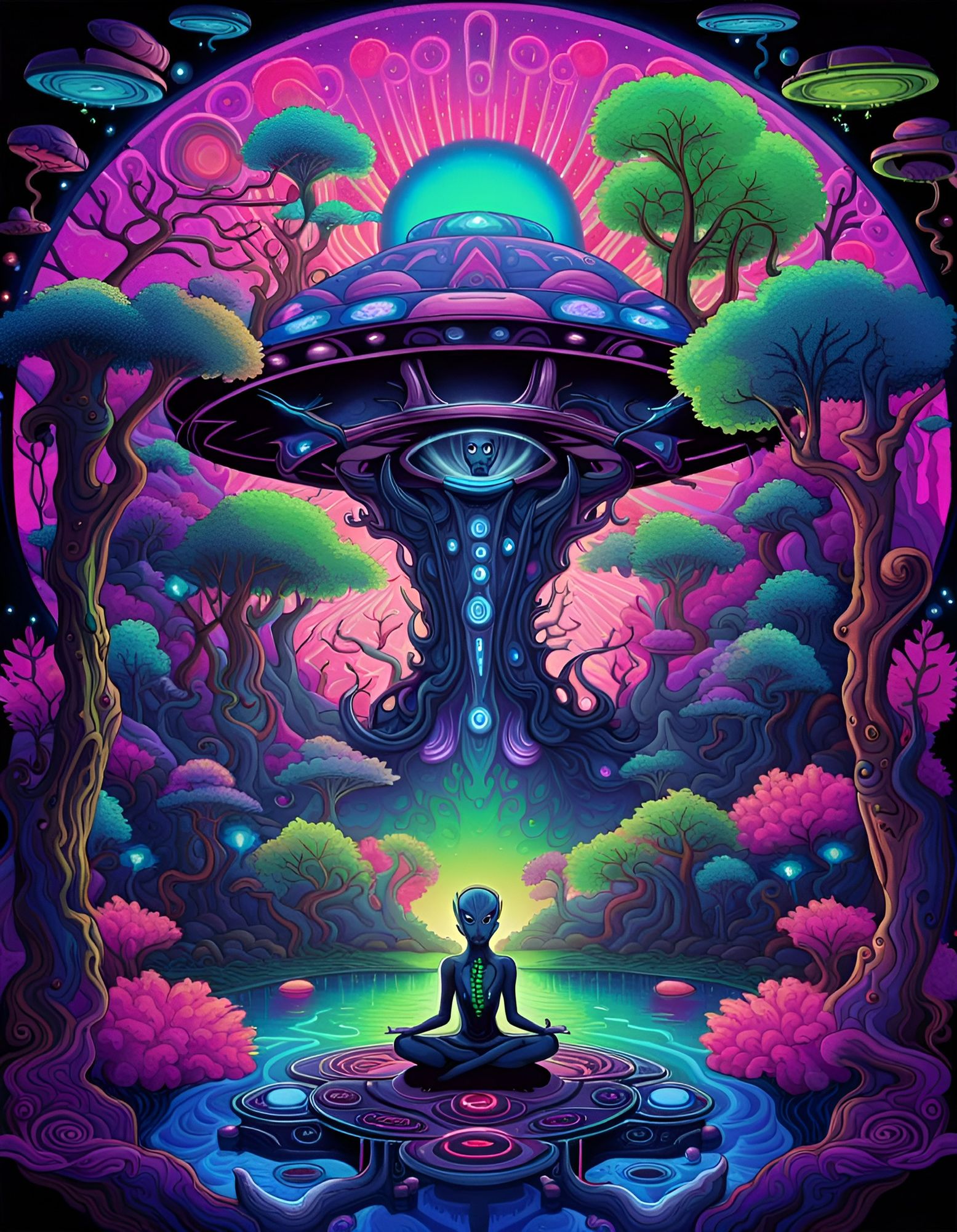 Indian Theyyam dancing ritual in the middle of a barren tree forest with a ritual fire in front . With patterns/trippy/psychedelic/fractal d...