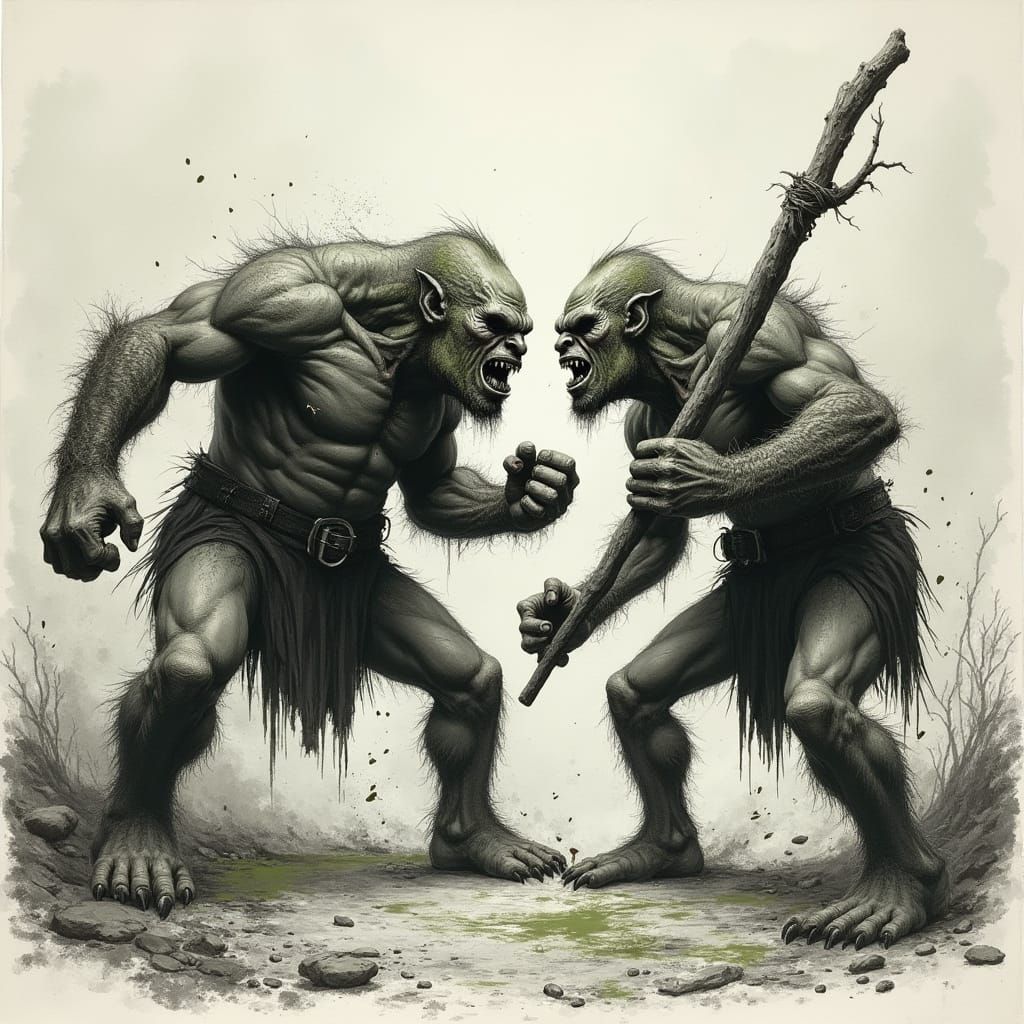 two giant trolls pummel each other with fists and clubs