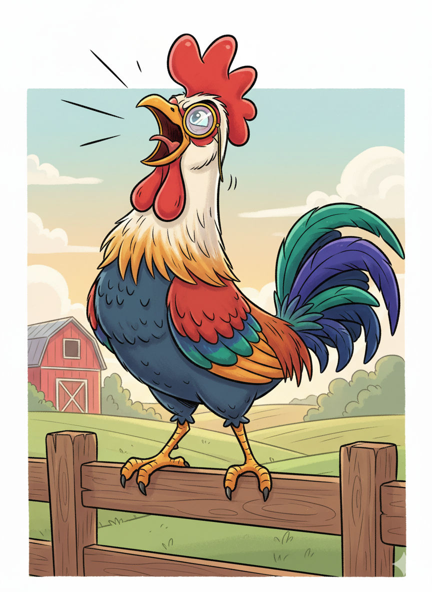 Animated 2D cartoon style, Crowing rooster
