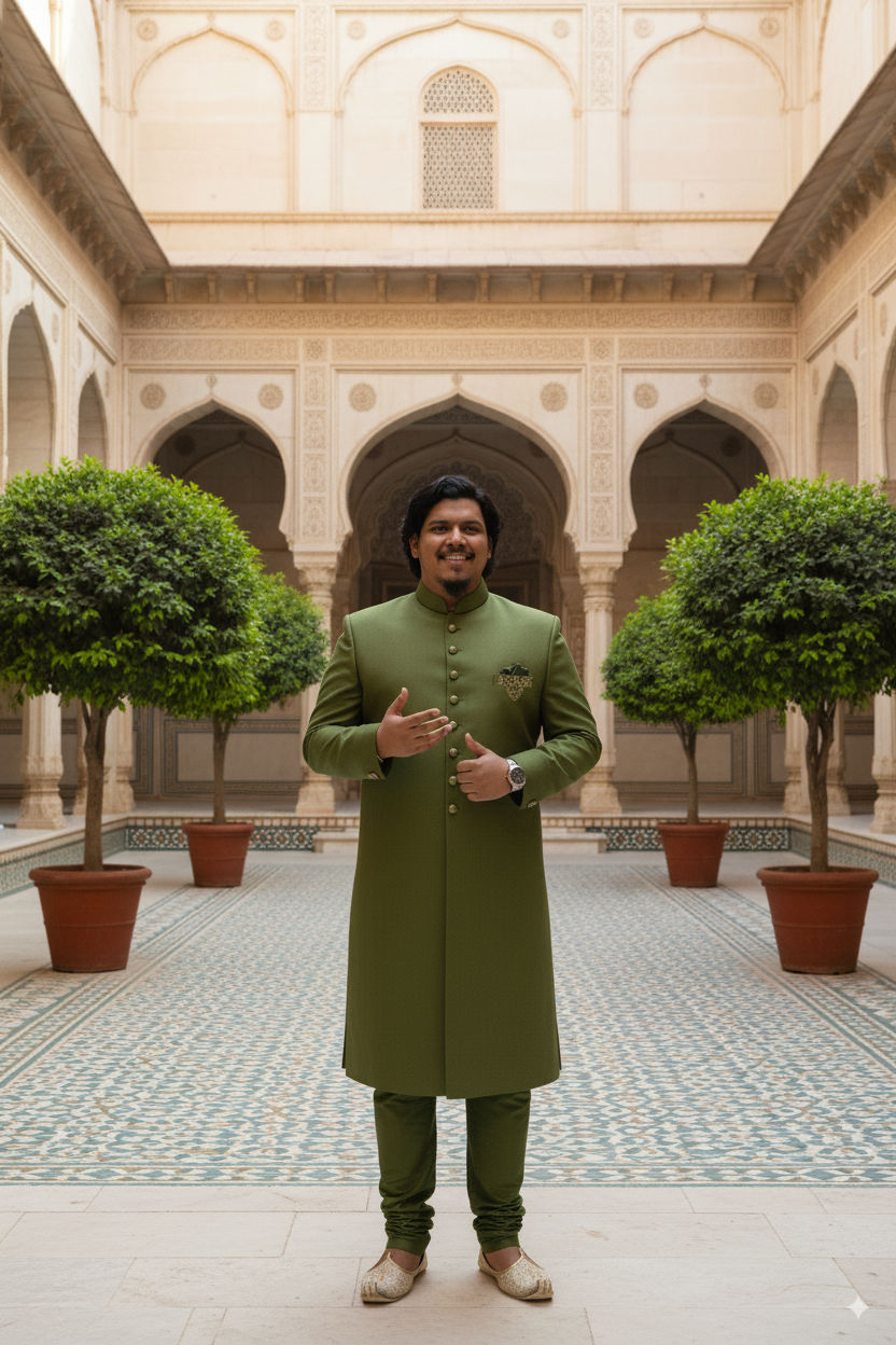 A South Asian man in a formal green sherwani stands in a traditional Mughal courtyard with symmetrical architecture and ...