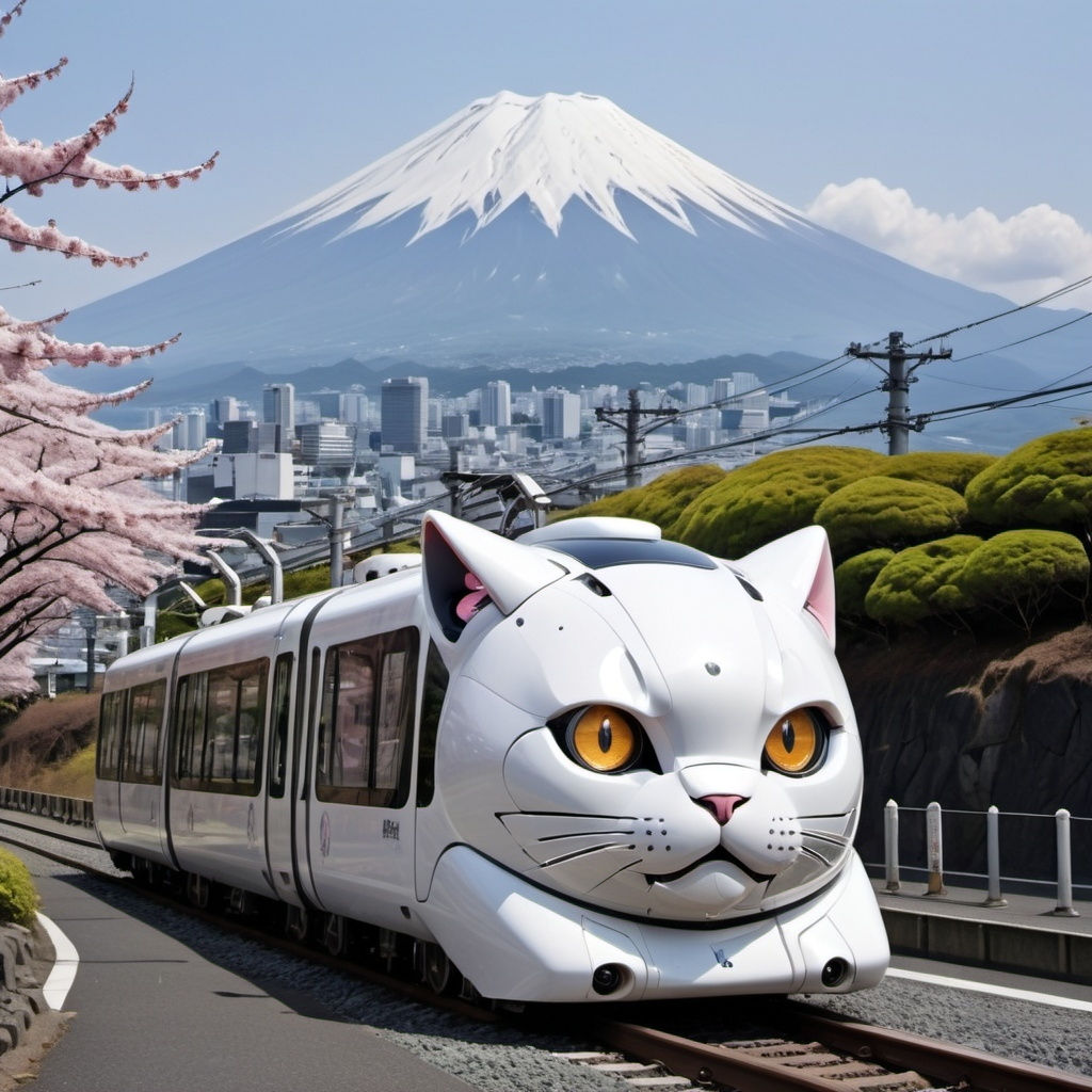 robotic caborg look like Animal Fusion Vehicles cat  shape train in japan behind fuji mountaint