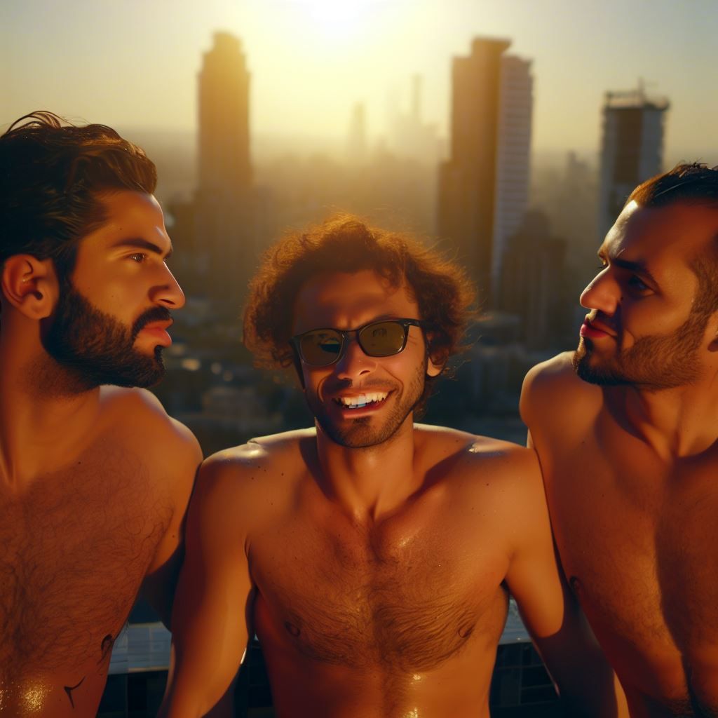The sun shines on the torsos of three hirsute shirtless Lebanese young men relaxing in a rooftop hotel hot tub in Beirut. Their smiles and e...