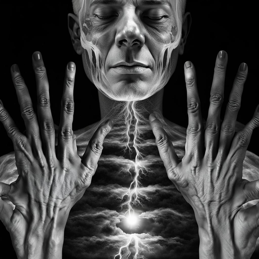 Life is flying on broken wings Abstract expressionism. Close up. A human form with broken wings grounded in a stark, moonlit landscape. Low...