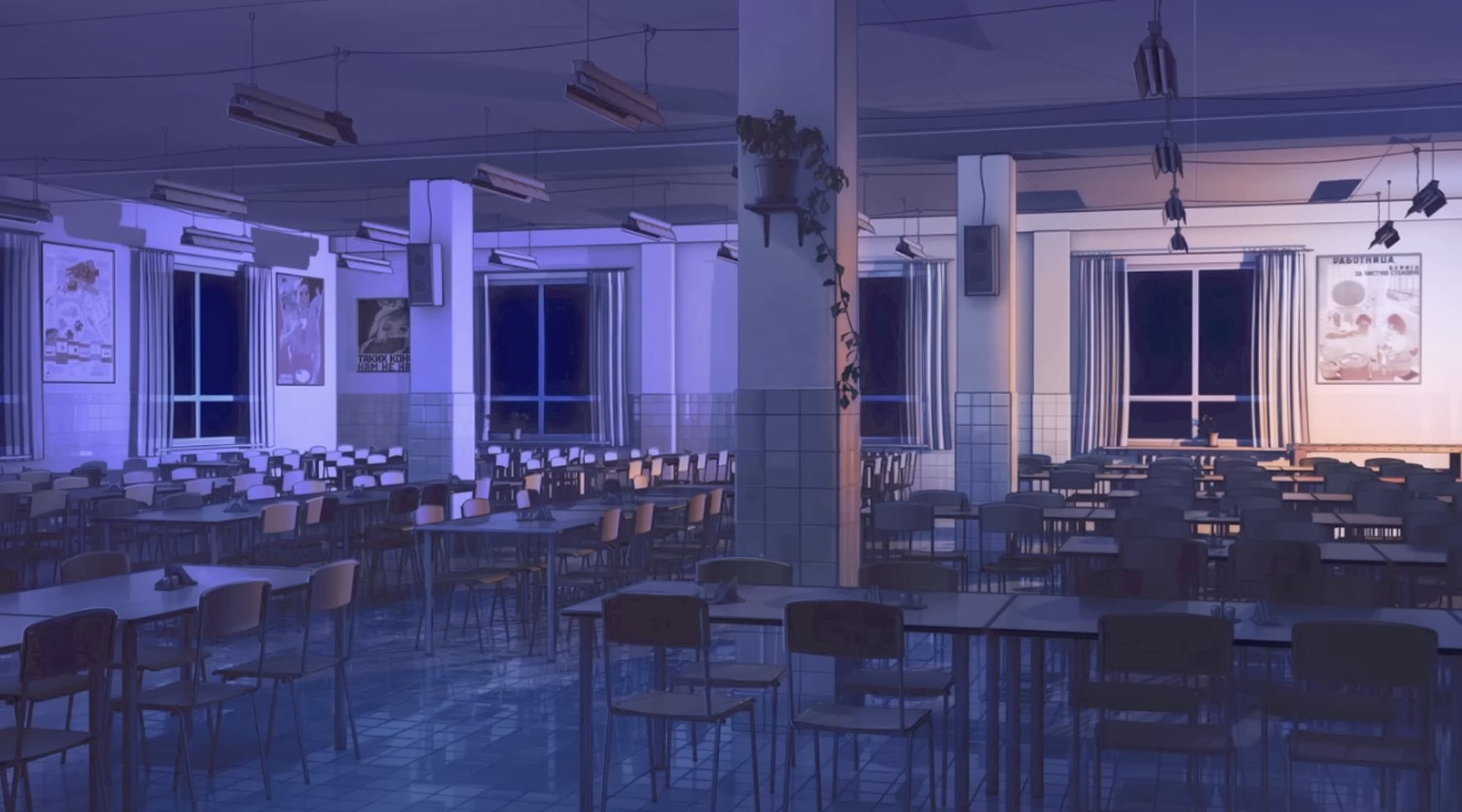 anime visual novel school cafeteria at night with dreamy lighting