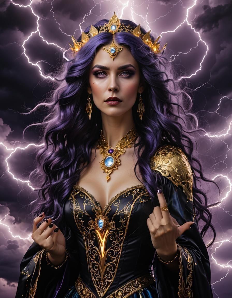Lightning sorceress, beautiful, ((deep tan skin)), (long, sky blue hair), gold eyes, amused expression, holding electricity in her fist, bla...