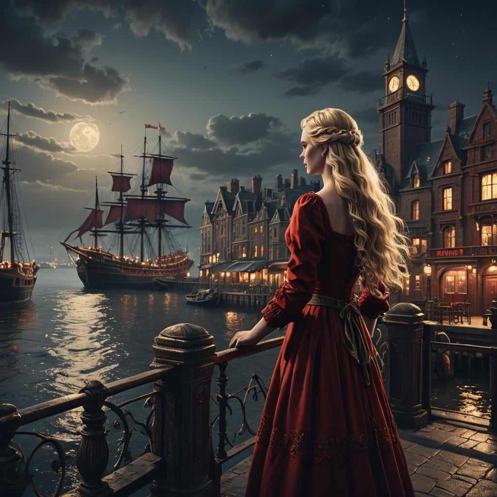 Young girl sitting on bench at night ,Victorian era harbour,background sailing ship,nostalgic scenery oil painting by James Gurney