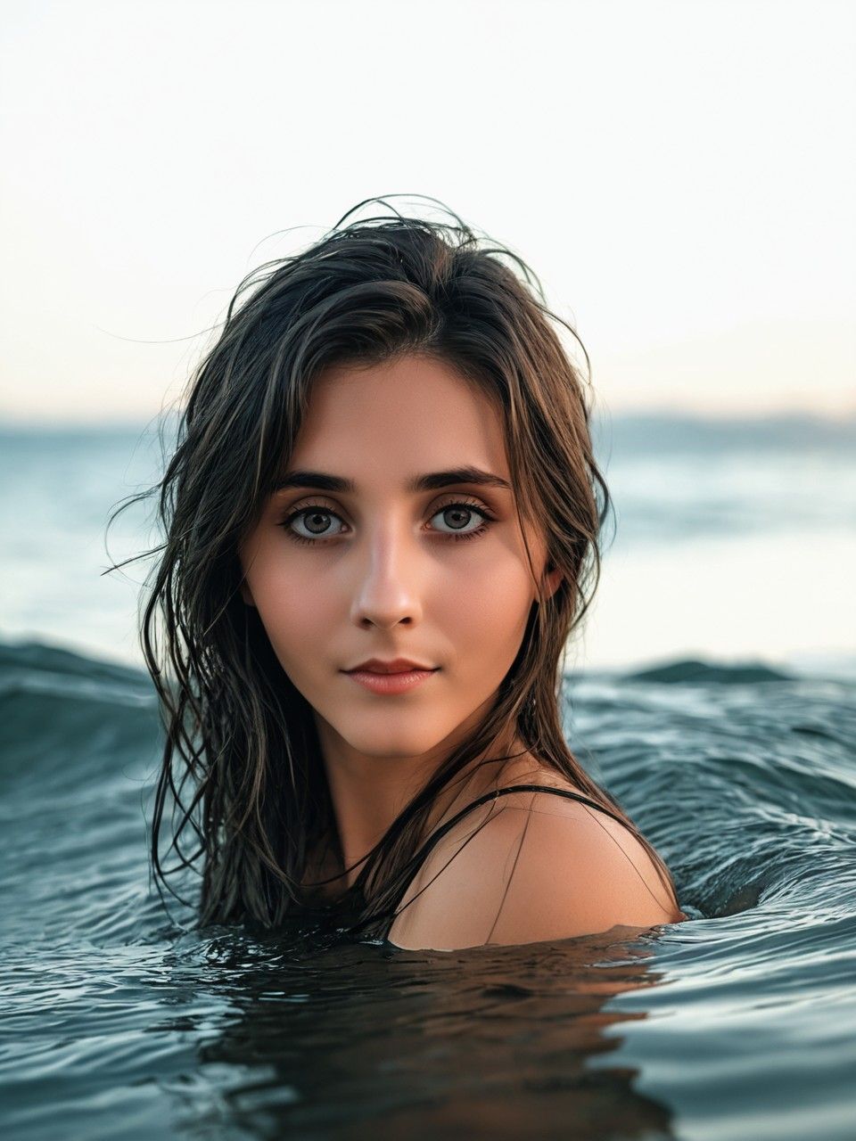 The water moves around her. She flips her hair back and slowly run her fingers through her hair. Water dripping down her...