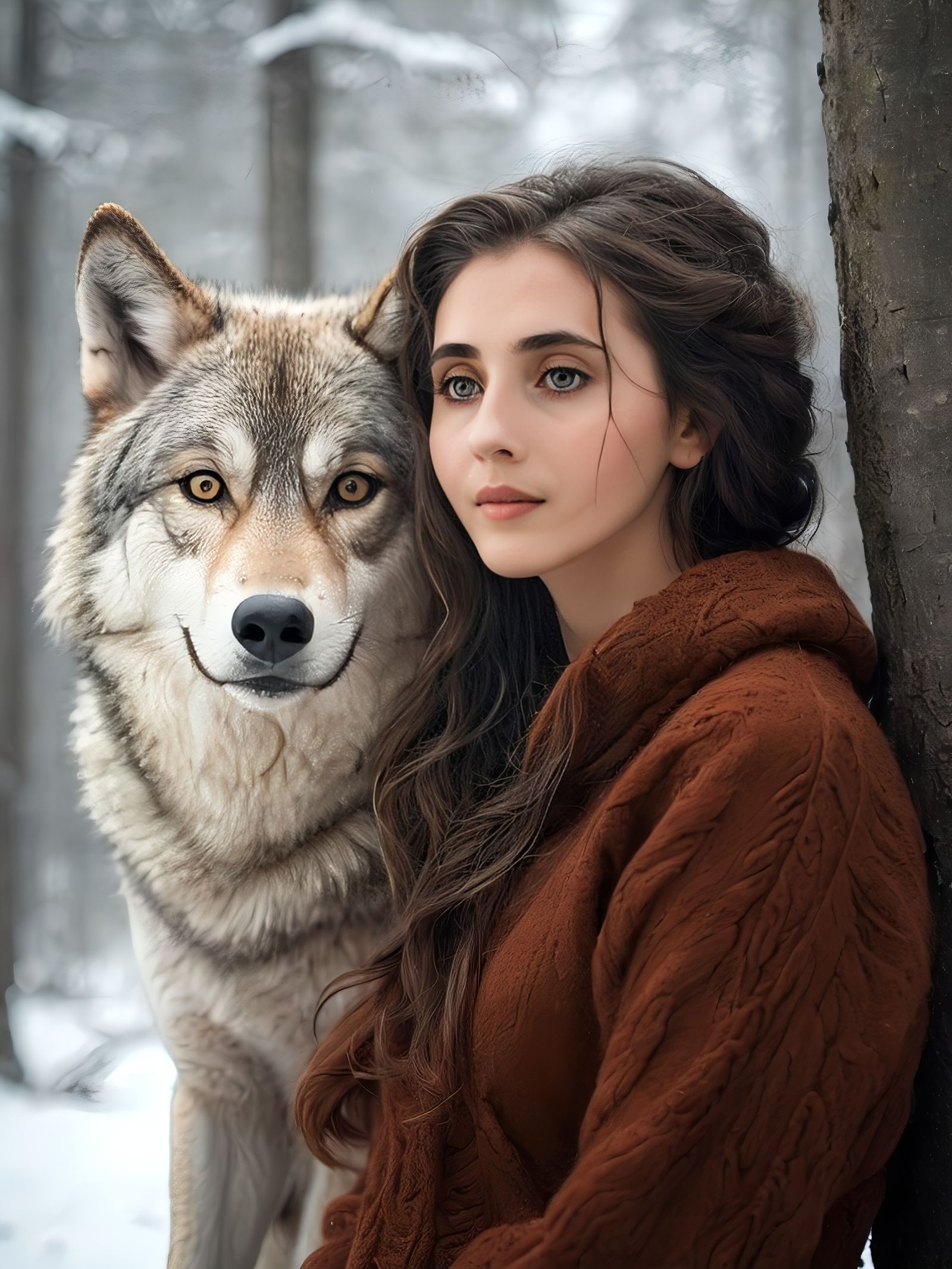 Snow falling around the girl and the wolf. The soft brushing up to her cheek, the wind blowing the wolf's hair. The girl...