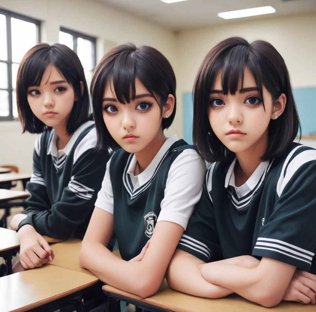 Three girls smiling, one in the end is very short black hair & tomboy, one in the middle has long dark brown hair & small cute face & big da...