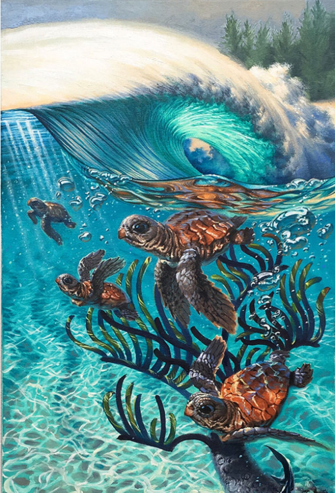 Baby turtles swimming under a wave with with other marine life. Inspired by Josephine Wall's maximalism, in oil on canvas and watercolor.  V...