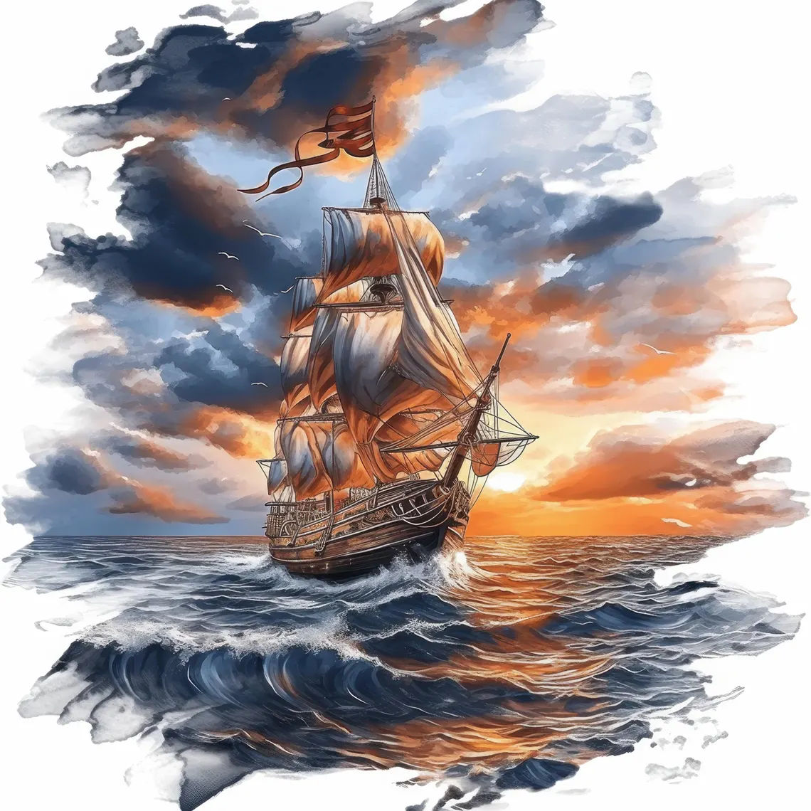 A ship sailing in stormy ocean. Volcanic mountains in the background. Maximalist style inspired by Josephine Wall. Vibrant colors flow like ...