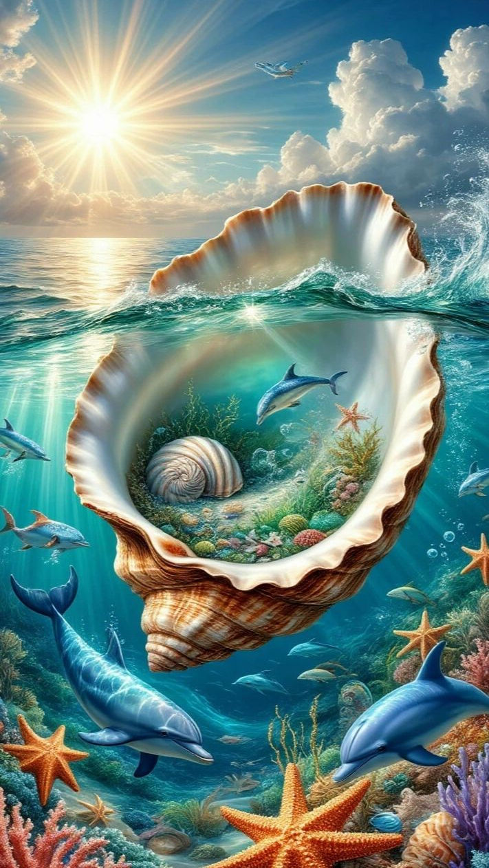 Hawaiian scene sea shell in ocean with Sealife swimming around. Maximalist style inspired by Josephine Wall. Vibrant colors flow like liquid...