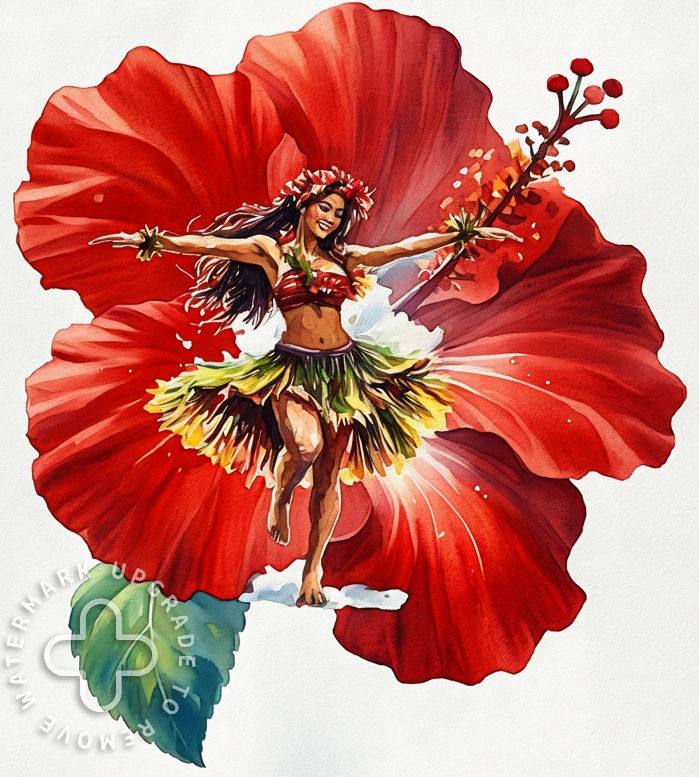 A Hawaiian hula dancing on a hibiscus flower. Maximalist style inspired by Josephine Wall. Vibrant colors flow like liquid pigment. Delicate...