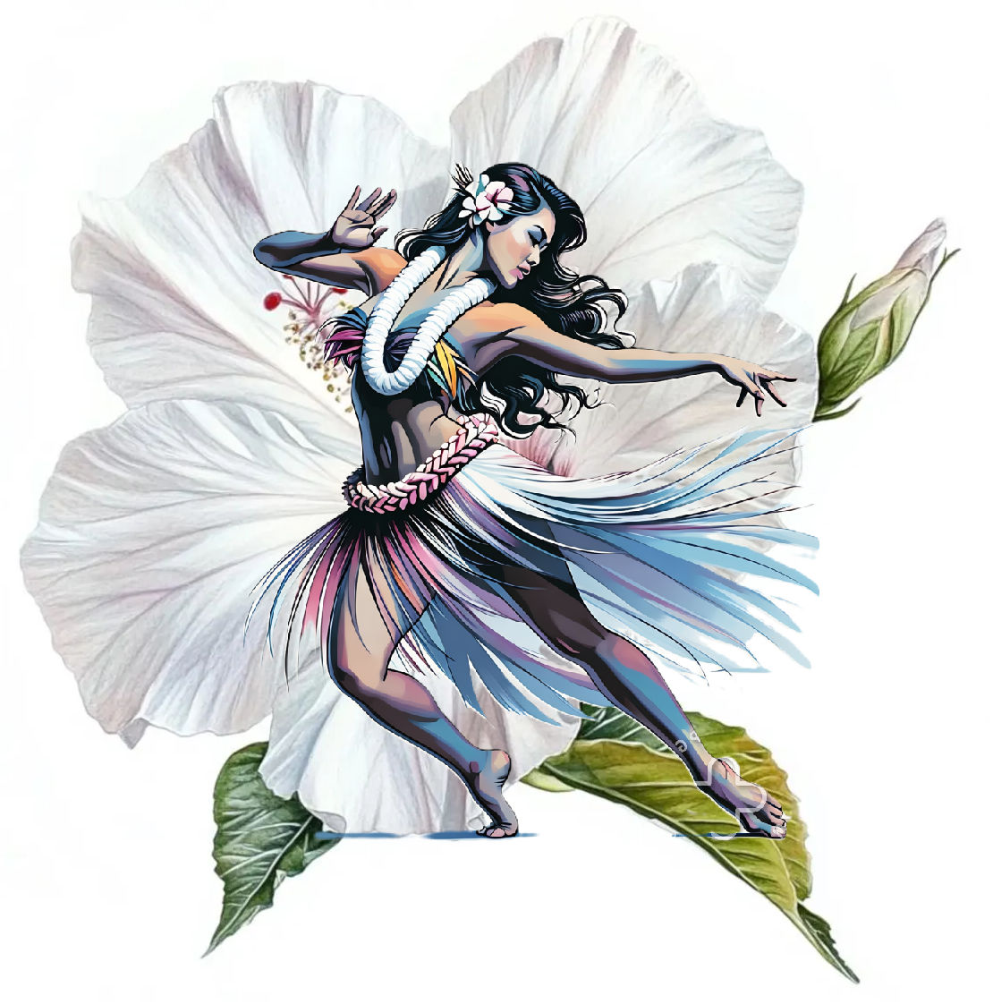 A lovely hula dancing on a hibiscus flower. fantasy art, vibrant colors, fluid art, 8k. intricate details, HDR, beautifully shot,  high cont...