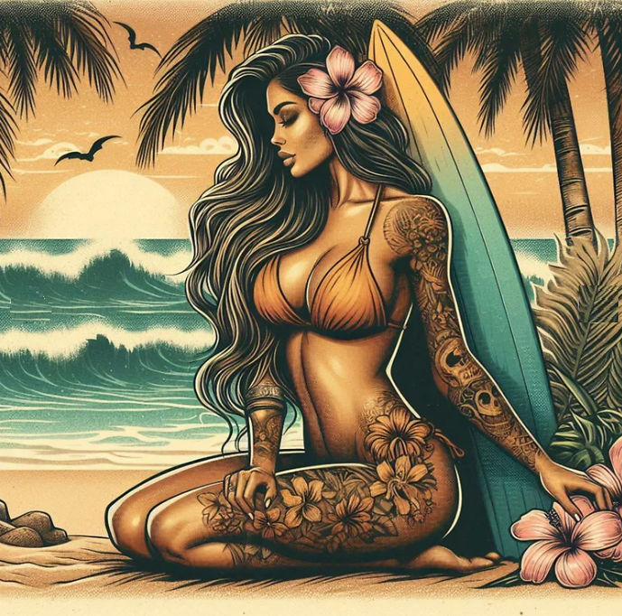 Beautiful Hula sitting with a surfboard at her back on the beach with ocean and palm trees in background and hibiscus flowers in the forefro...