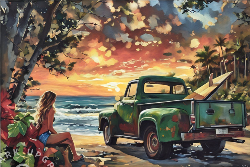 Beautiful Hawaiian woman watching the sunset with an old pickup truck with a surfboard in the bed of the truck. Maximalist style inspired by...