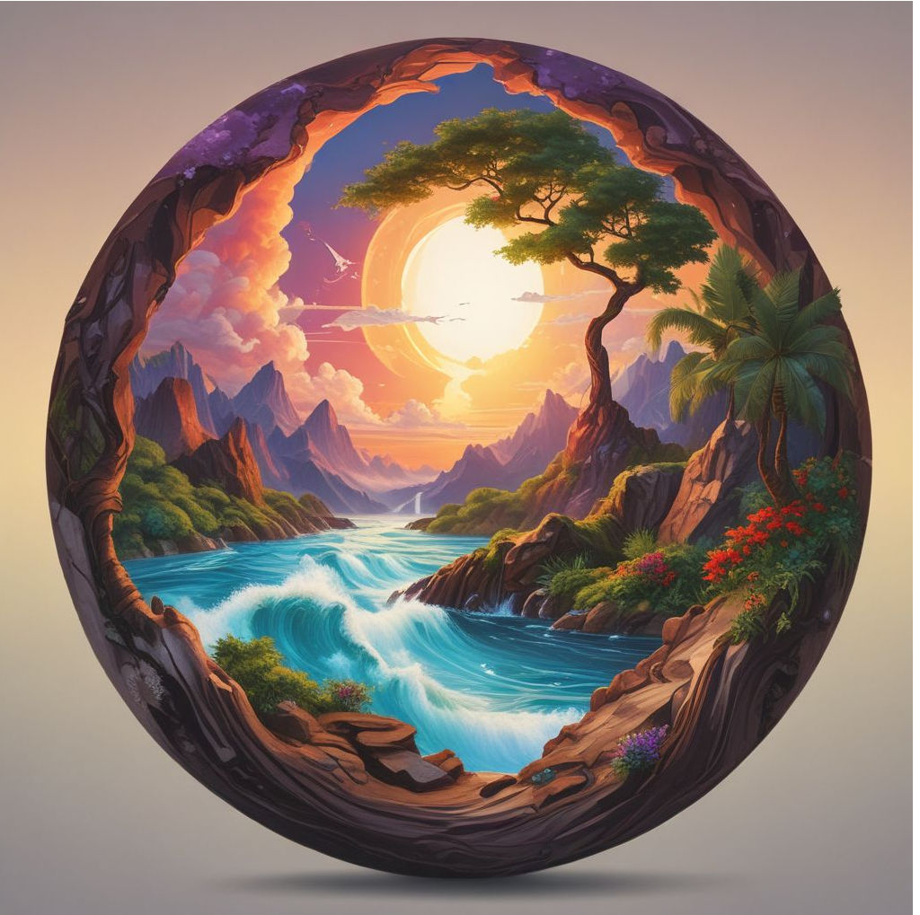 Hawaiian sunset inside coconut. Maximalist style inspired by Josephine Wall. Vibrant colors flow like liquid pigment. Delicate watercolor .....