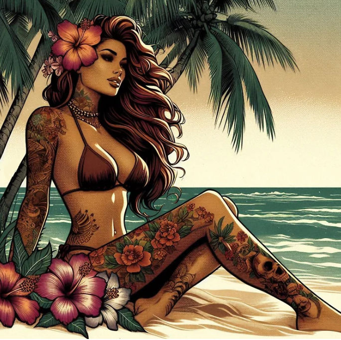 Beautiful Hula on the beach with ocean and palm trees in background and hibiscus flowers in the forefront. fantasy art, vibrant colors, flui...