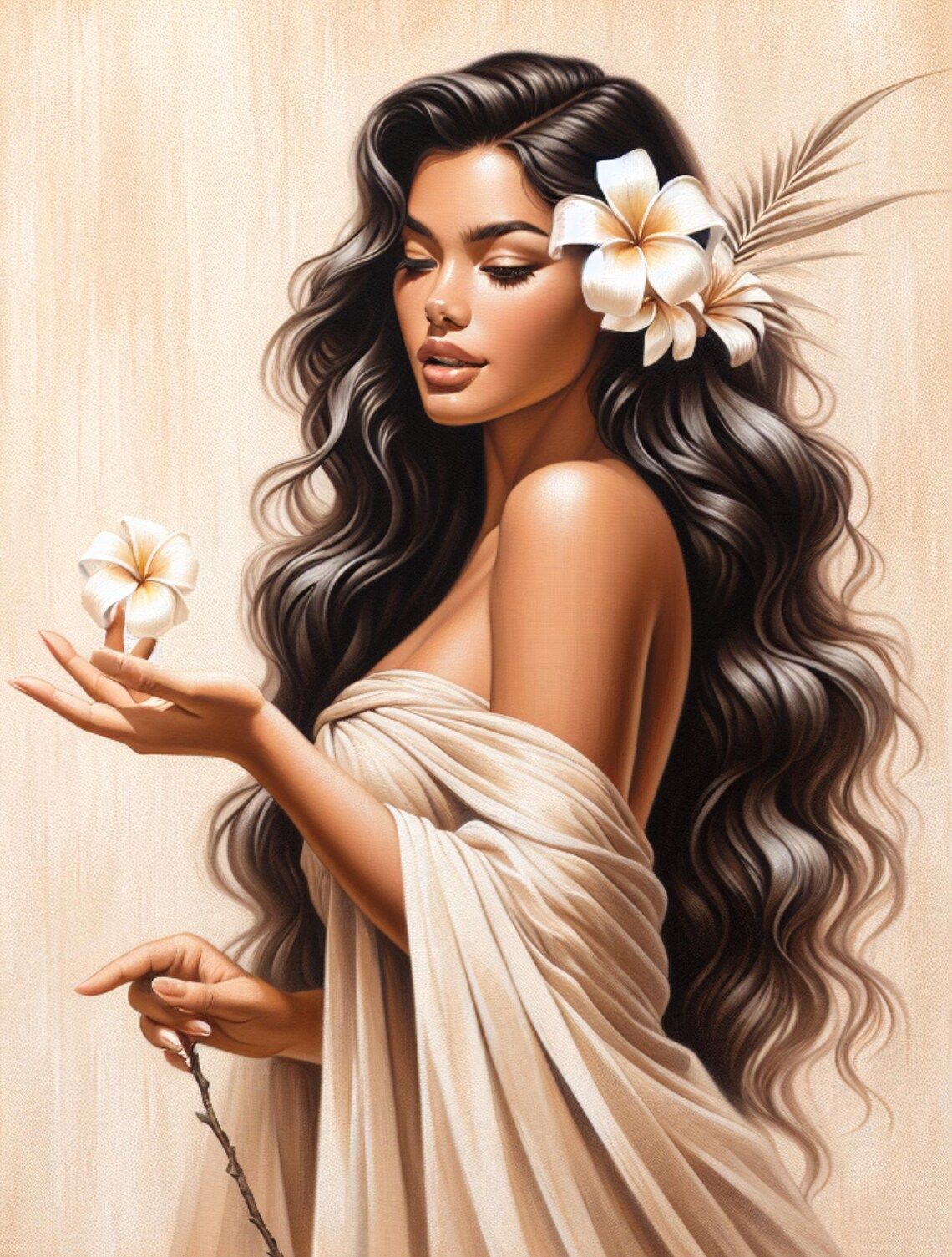 A lovely hula looking at a flower. fantasy art, vibrant colors, fluid art, 8k. intricate details, HDR, beautifully shot,  high contras acryl...