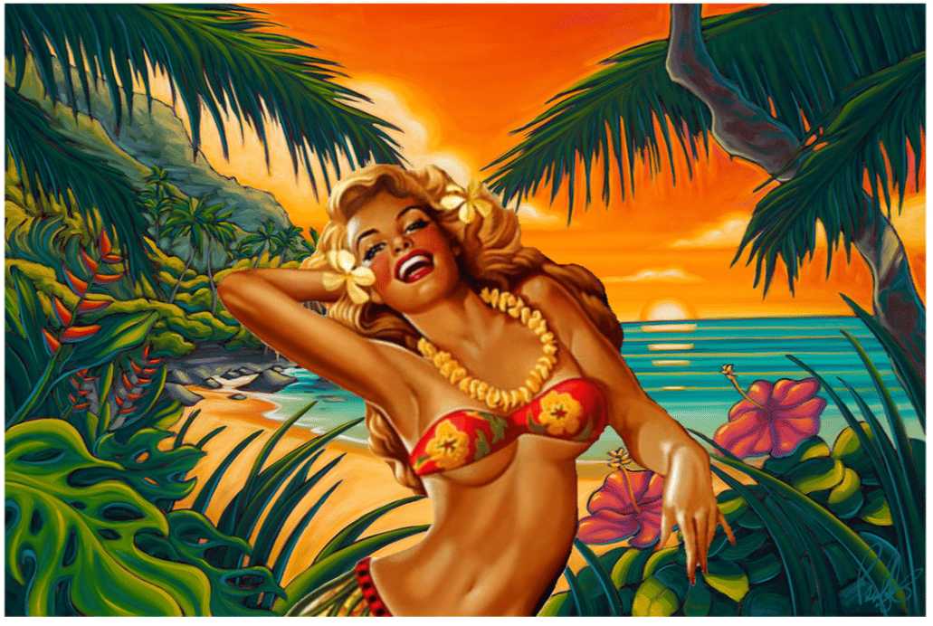 Polynesian hula with a joyful smile on the beach at sunset, palms and teal waters in the background concept art style, vibrant orange, red a...