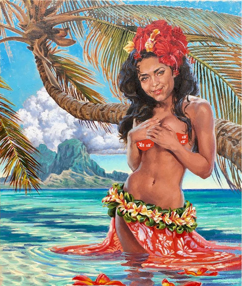 A lovely Hawaiian hula wadding in the water by a palm tree. Volcanic mountains in background vibrant color palette. Watercolors