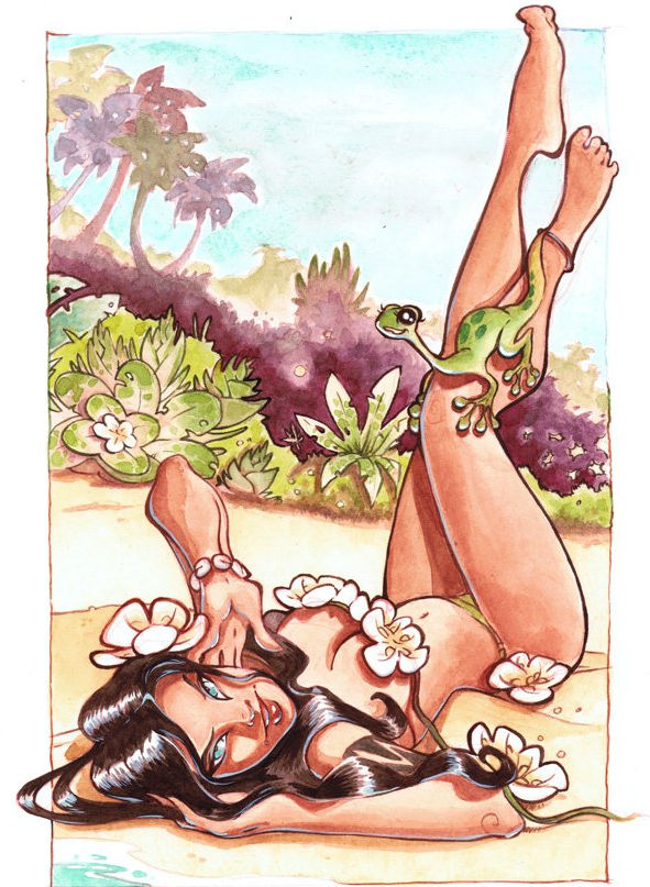 Hawaiian hula laying on her back at the beach. Maximalist style inspired by Josephine Wall. Vibrant colors flow like liquid pigment. Delicat...