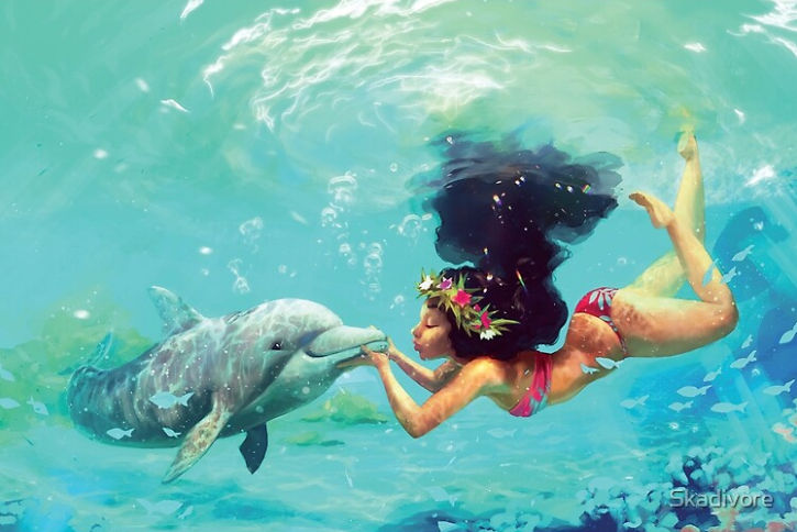 Hawaiian hula swimming with dolphin. Maximalist style inspired by Josephine Wall. Vibrant colors flow like liquid pigment. Delicate watercol...