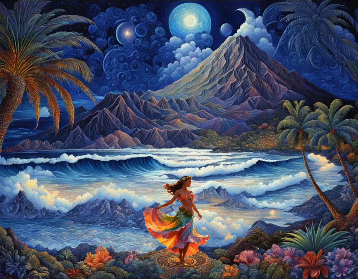 Hawaiian hula at night. Maximalist style inspired by Josephine Wall. Vibrant colors flow like liquid pigment. Delicate watercolor ... 