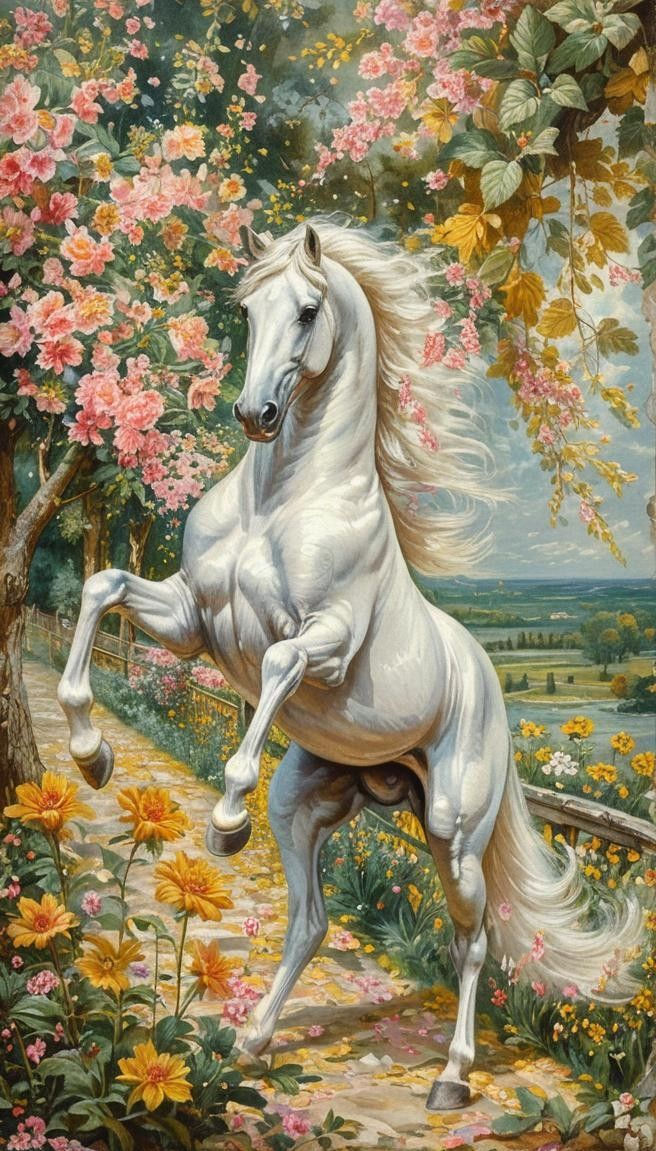 A white horse on a Hawaiian coastline. The scene is rendered in a dynamic concept art style Sanja Zivkovic neo-impressionism expressionist s...