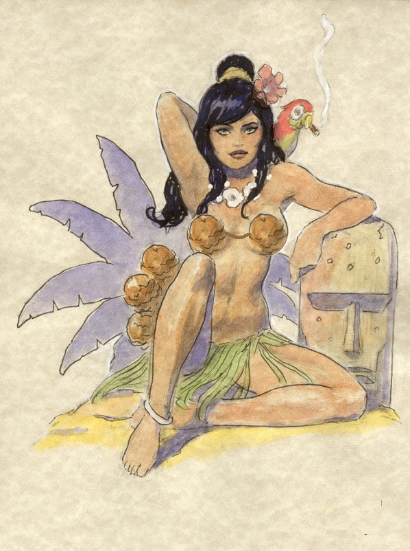 A beautiful hula on the  beach. With parrot smoking cigar on her shoulder. Palm trees and tiki in background. At sunset hues of orange, pink...