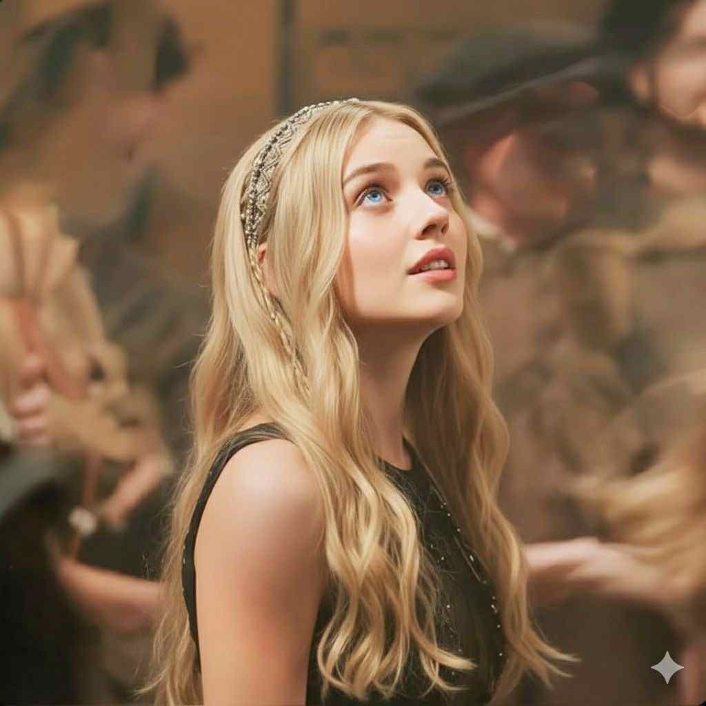 A very pale young woman with long straight platinum-blonde hair and blunt bangs. Large dark eyes, with a playful and slightly mischievous ex...