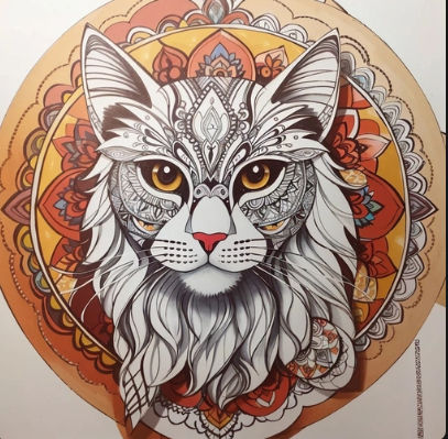 Página para colorir para adultos, linhas em negrito, linhas escuras, corpo de gato mandala, rosto de gato mandala, rosto de mandala, simétri...