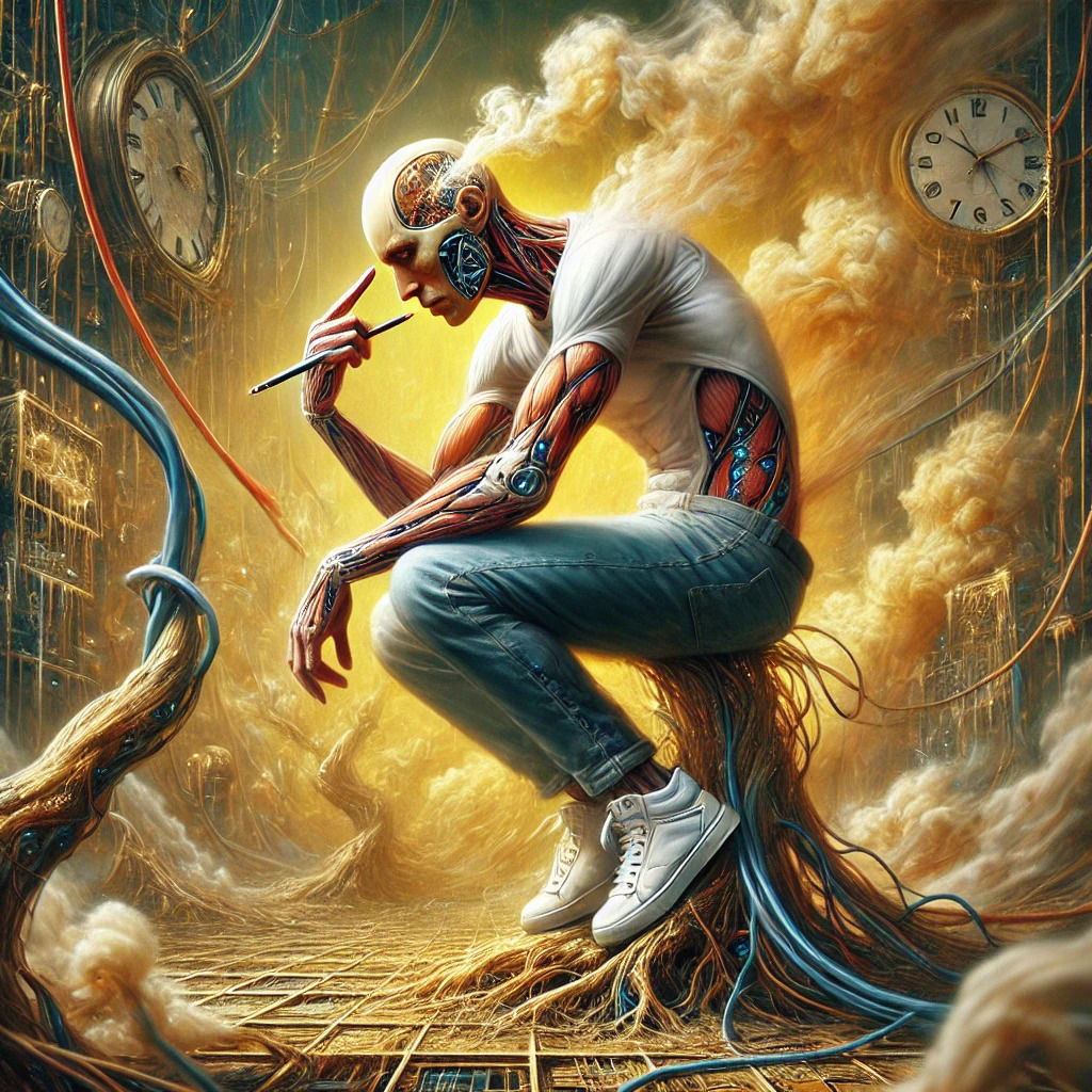 A bald, thin cyborg man, dressed in a white t-shirt, jeans, and white sneakers. He is thinking, pressing a pencil against his temple, with a...