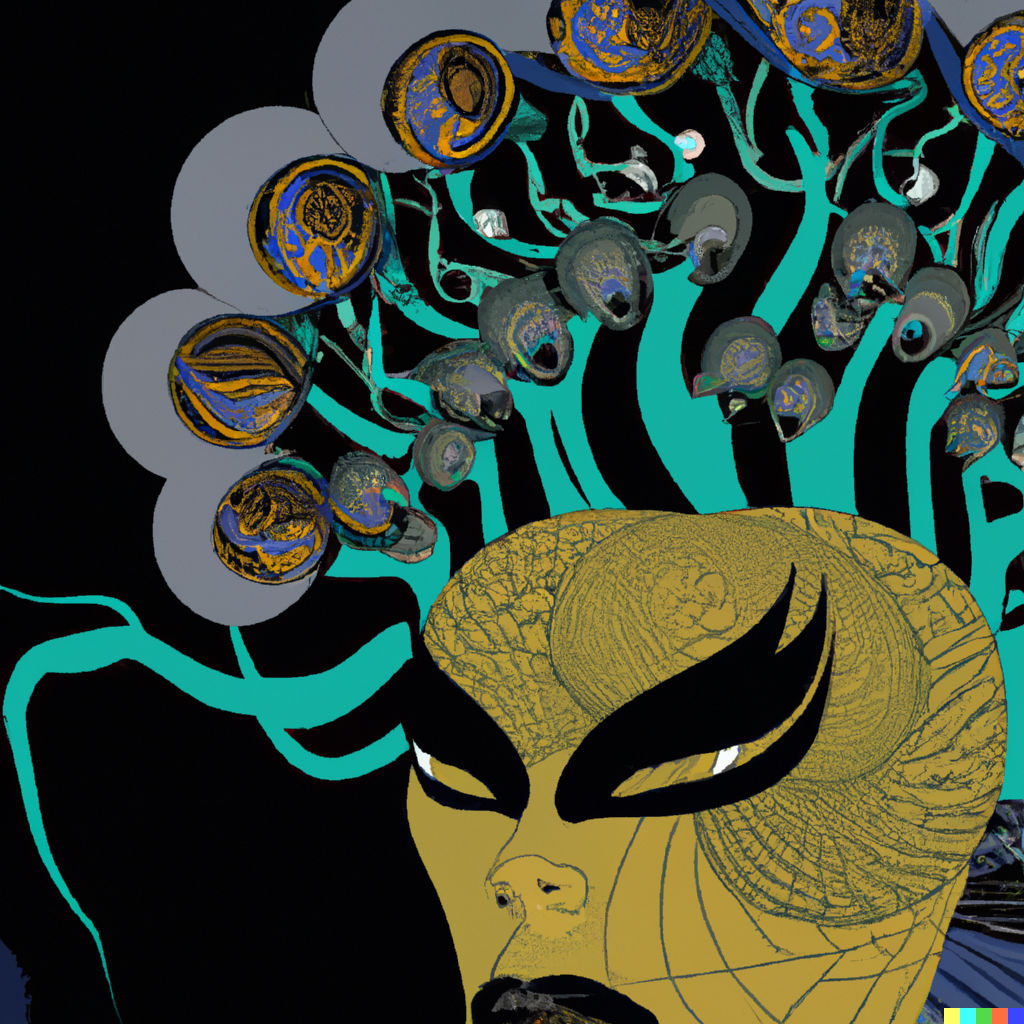 a modern look at Medusa in the year 2022: digital art by Erte