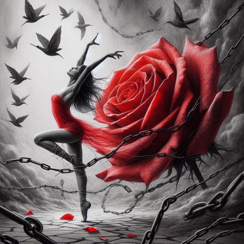 <lora:Death River:1.0> <lora:Graphite Rose 1:1.0> <lora:Graphite:1.0> <lora:Red Roses:1.0> a red rose stands out as her emotion against the ...
