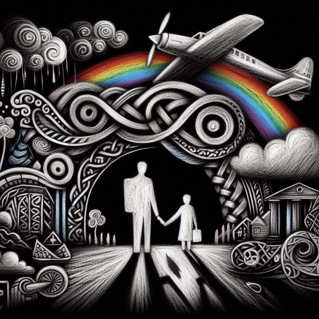 Crayon drawings ,surreal  friendly celtic knotwork  raven bird silhouette  , child's drawing , rayograph Man Ray collection of random b&W ob...