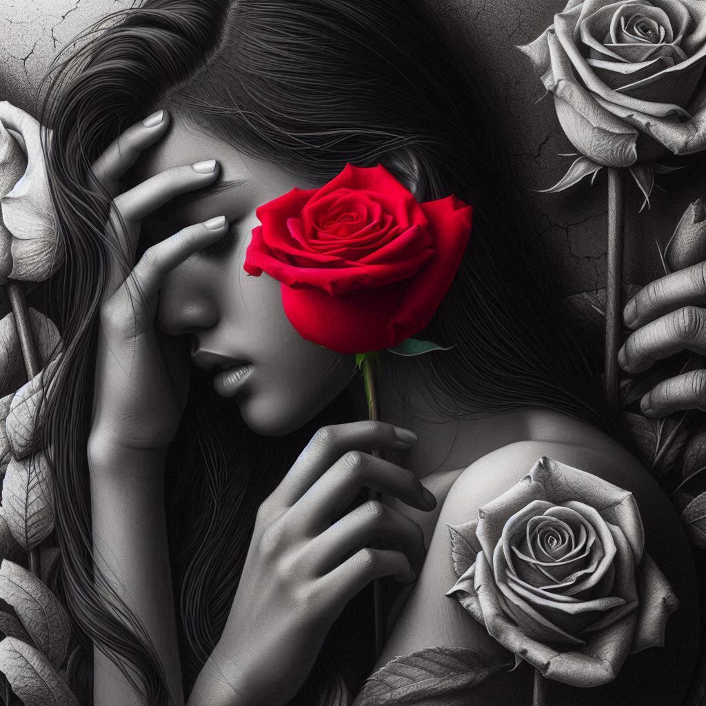 Futuristic  Queen of hearts  personified  with red wings , A iridescent red heart  of emotions stands out against the graphite grayscale , e...