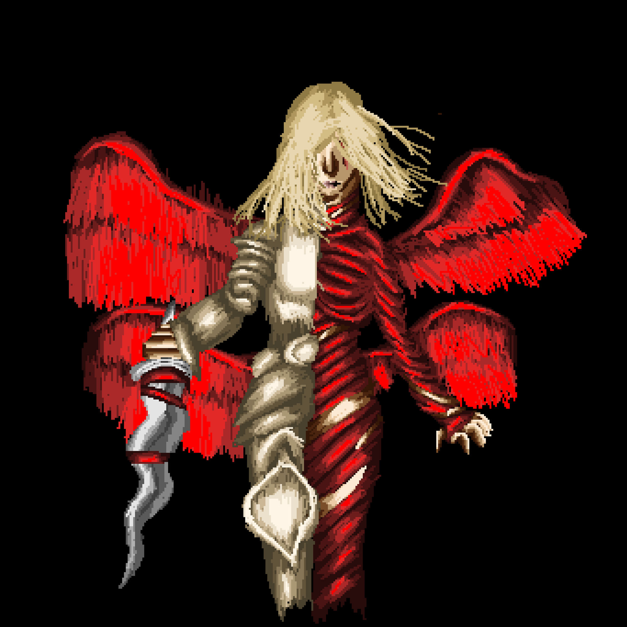 A half angel half demon blond lady, with a silver sword in her right hand, adorned with red pieces of the fallen enemies clothes