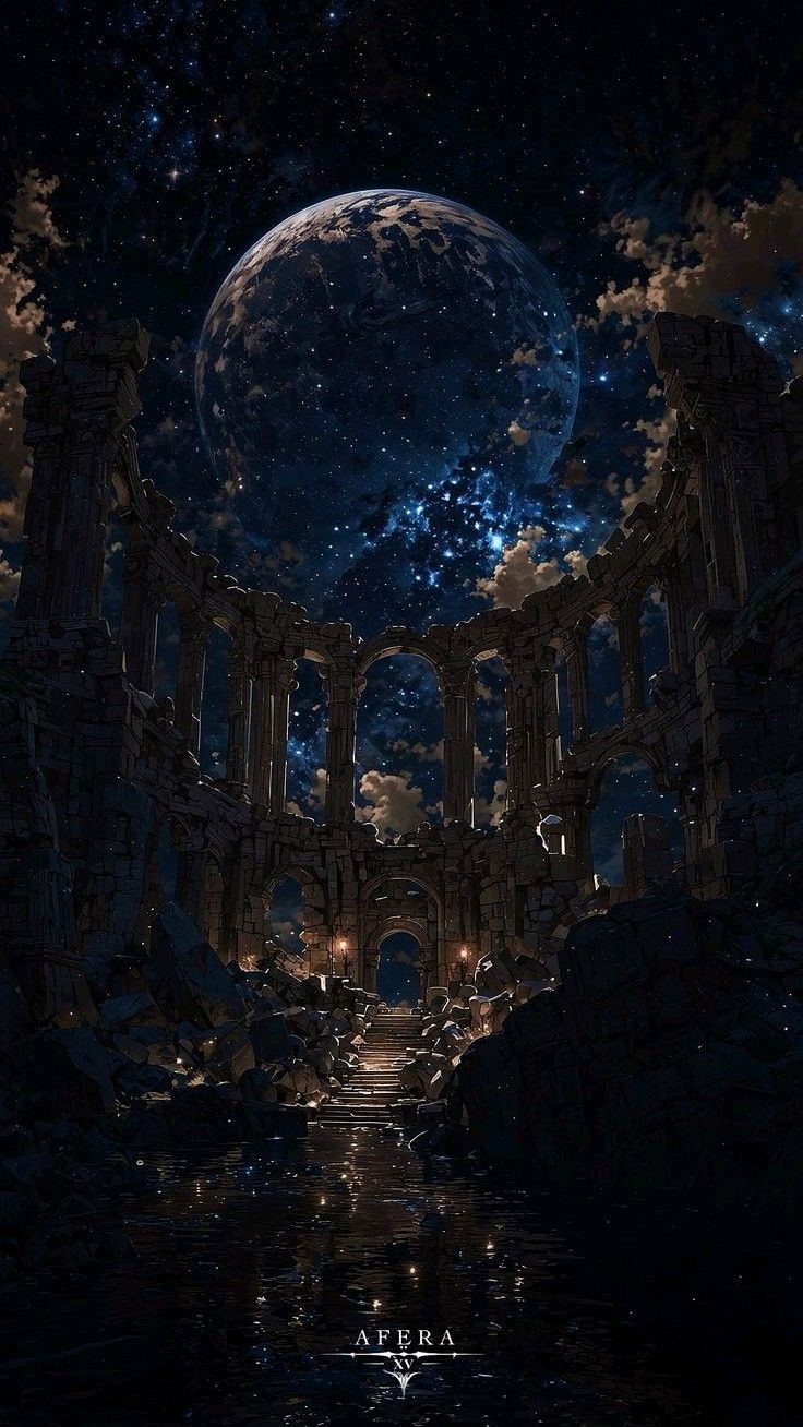 An ancient sacred temple in ruins under the magical night sky 