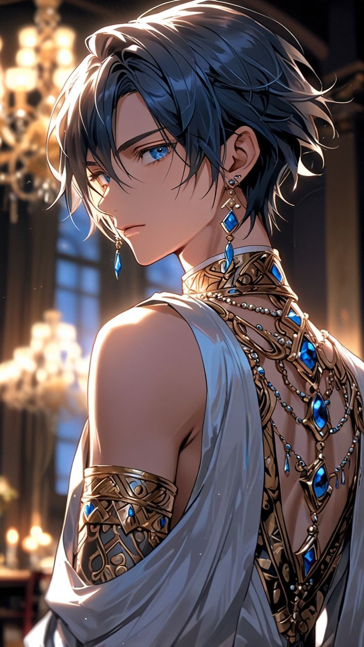 The same man as in the start image, but with blonde hair and glimmering amber eyes. The gems are yellow. Golden magic. 