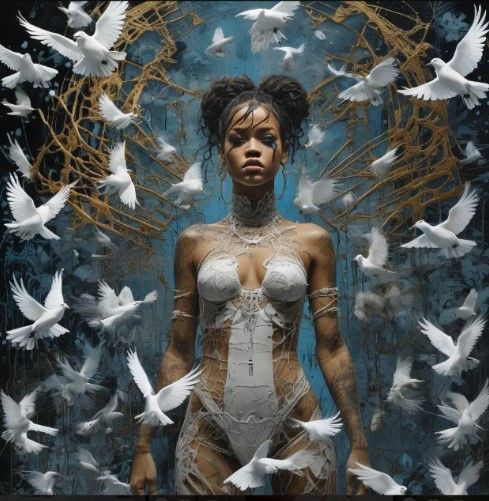 The image features a woman centrally positioned, dressed in a white bodysuit with cutouts revealing her midsection and arms. She is adorned...