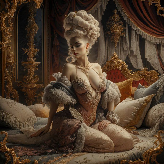 a cute hi-fashion black  model  adorned in elegant, luxurious clothing in a dimly-lit boudoir. The room is adorned with intricate gold acce...