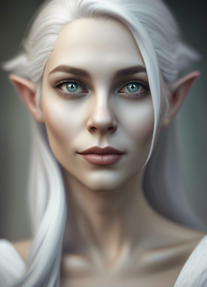 realistic dark elf woman. caucasian face. Looks like 30s. White colored hair. Silver eyes Dark skin. slender body. Nordik dress. Medium potr...