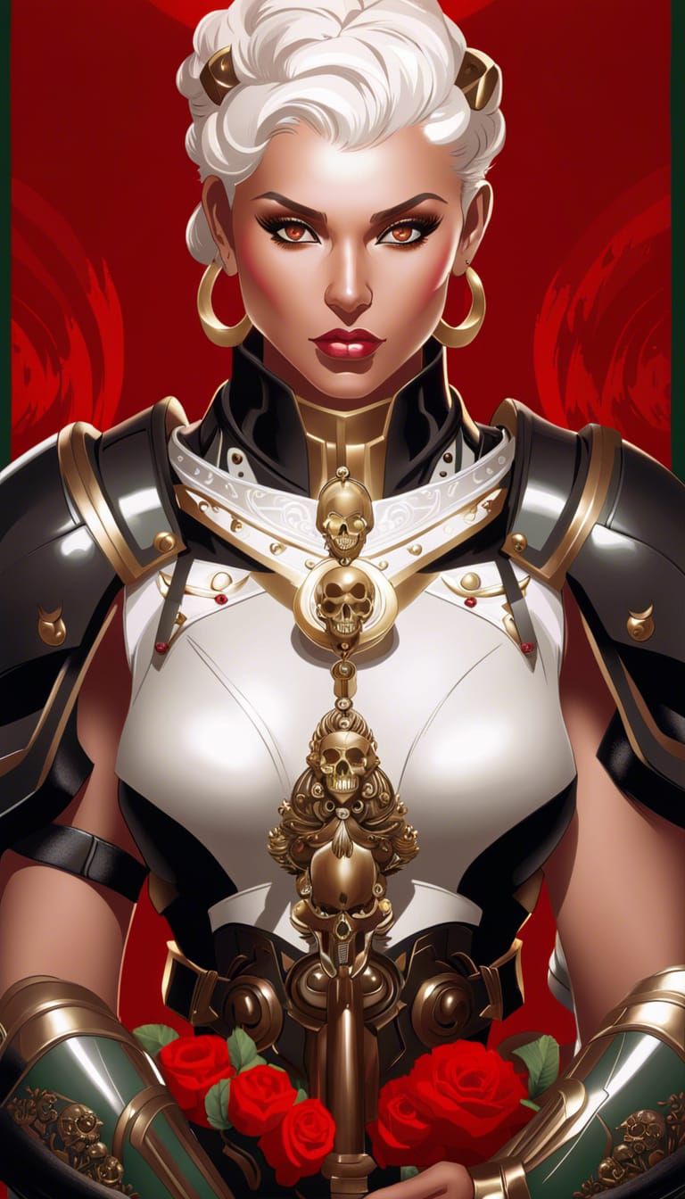 beautiful woman, Alexandra Daddario, tanned skin, wearing a knight's helmet adorned with an Aztec headdress of emerald and crimson feathers,...