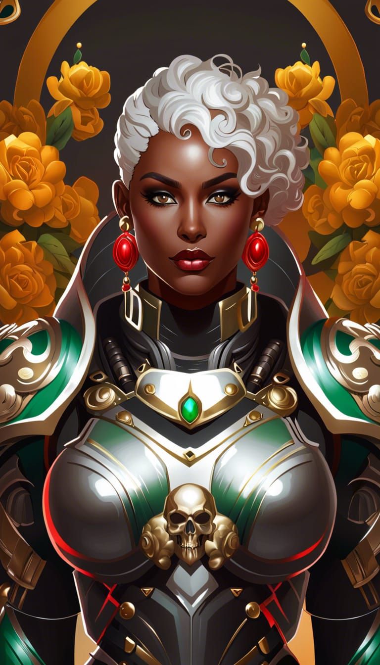 beautiful woman, Alexandra Daddario, tanned skin, wearing a knight's helmet adorned with an Aztec headdress of emerald and crimson feathers,...