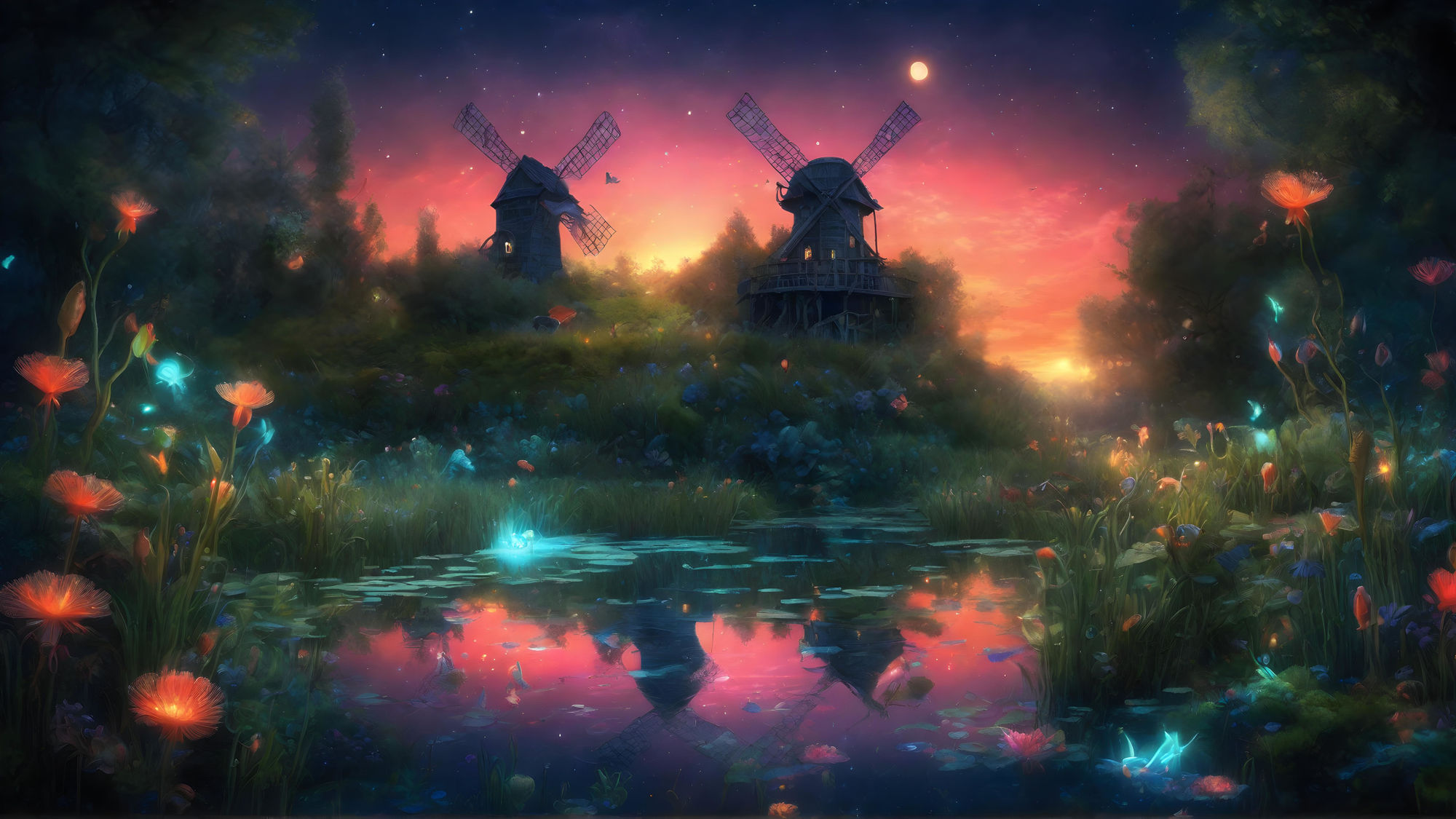Windmills and a pond of fantastical creatures