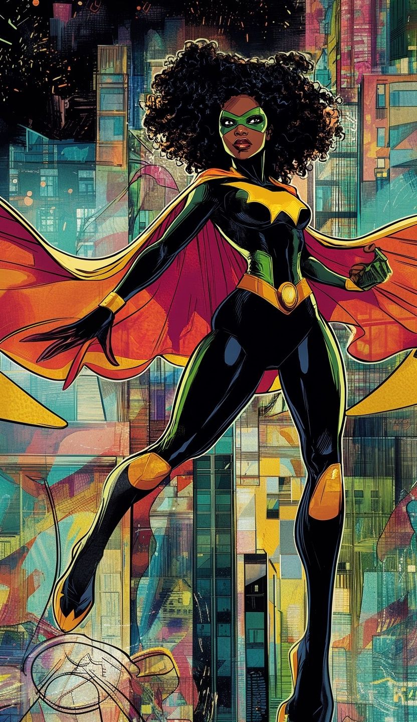 Digital comic book art Jack Kirby-styled original Black female superhero wearing vibrant costume, dynamic pose, bold lines, intricate urban-...
