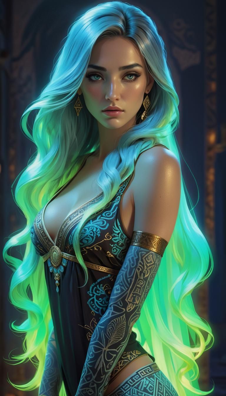 A captivating Gothic beauty, her eyes sparkling with an otherworldly glow as she stands amidst a fiery, foaming landscape. Her long, thick e...