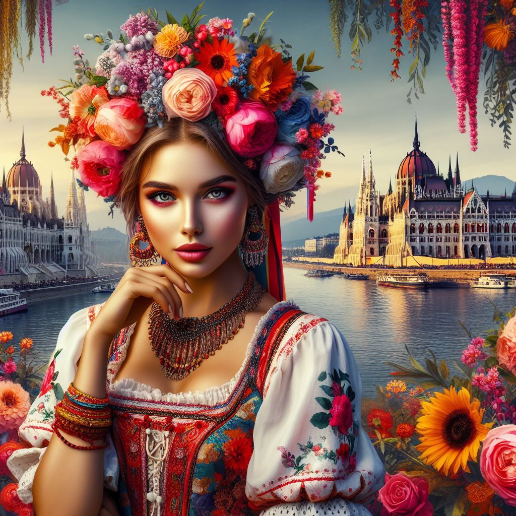 lady in traditional hungarian clothes in front of 
Fisherman's Bastion Budapest